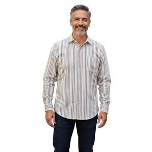 Men’s Pronto Uomo striped non iron 100% cotton shirt chest pocket blue/tan xl